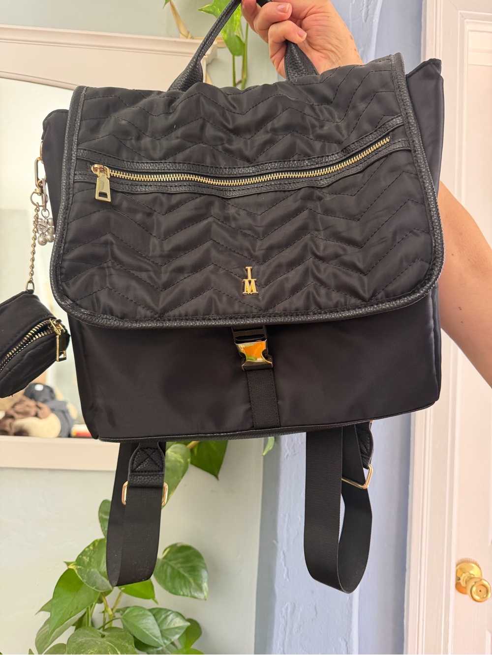 Isaac Mizrahi Black Quilted Backpack Tote with Gold Hardware